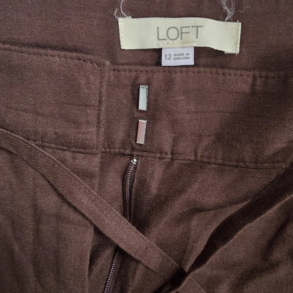 Women's Loft Linen Pants Chocolate Brown Long Wide Legs Size 12 - Picture 4 of 5